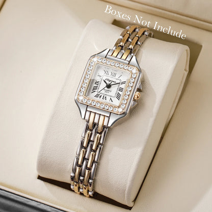 Rhinestone Square Watch | Gold-Tone Roman Numeral Dial & Slim Alloy Bracelet