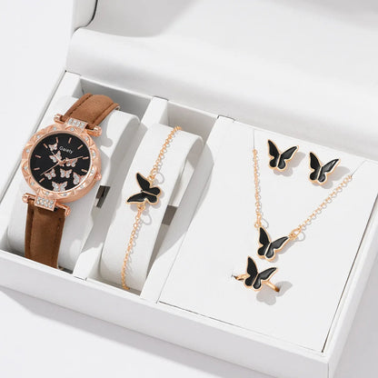 6-Piece Butterfly Watch & Jewellery Set | 33mm Numberless Dial, PU Leather Strap, Necklace, Bracelet, Ring & Earrings