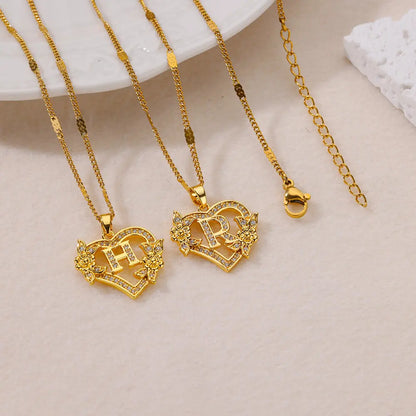 Initial Letter Heart Pendant Necklace | Zircon Flower & Personalised Letter, 316L Stainless Steel
