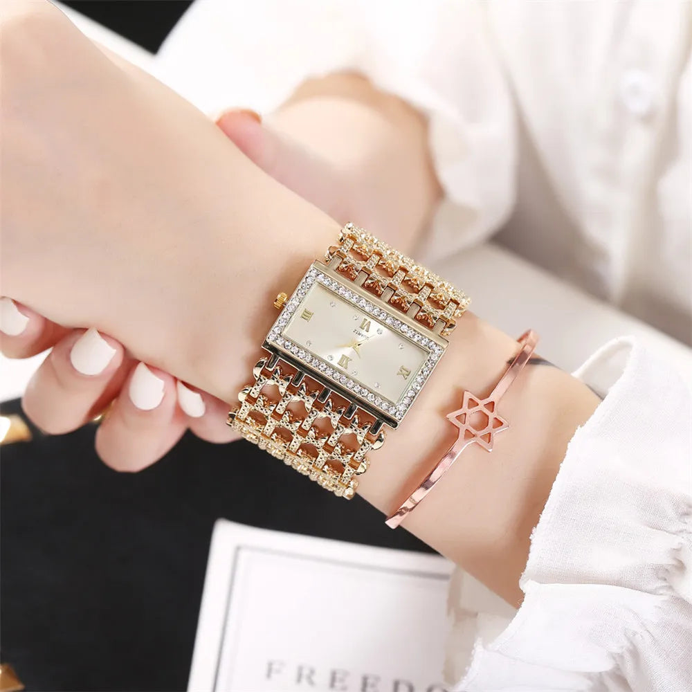 Gold-Tone Skeleton Cuff Watch | 35mm Wide Openwork Bangle with Square Rhinestone Dial