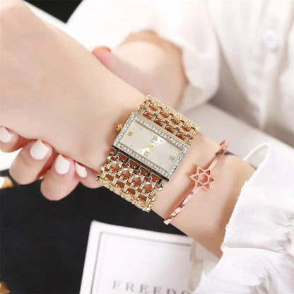 Gold-Tone Skeleton Cuff Watch | 35mm Wide Openwork Bangle with Square Rhinestone Dial