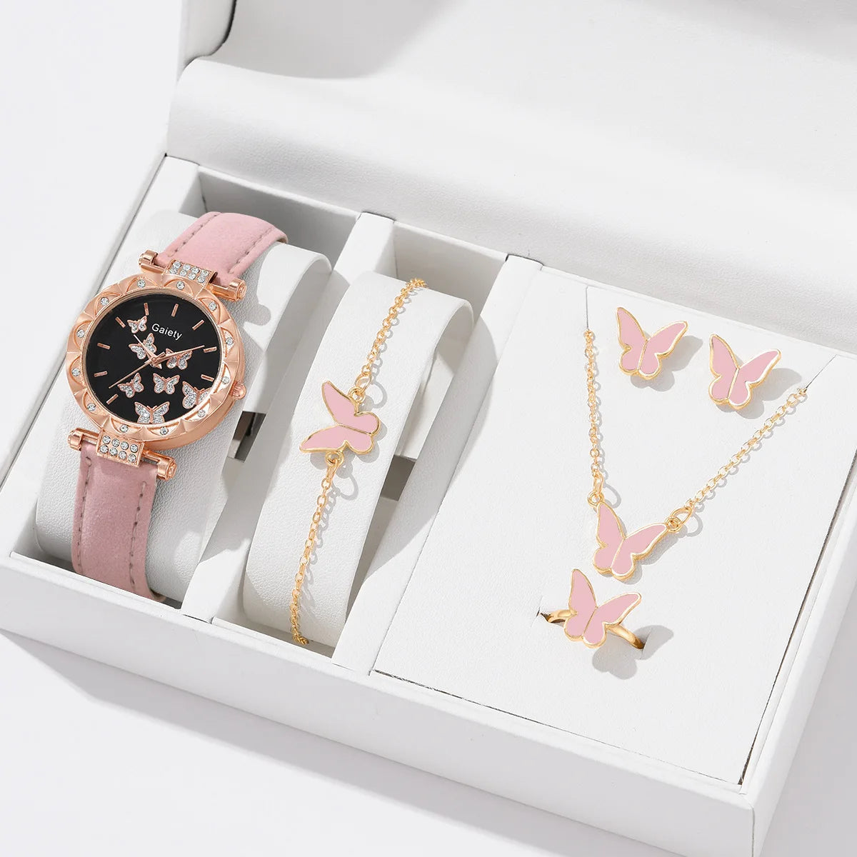 6-Piece Butterfly Watch & Jewellery Set | 33mm Numberless Dial, PU Leather Strap, Necklace, Bracelet, Ring & Earrings