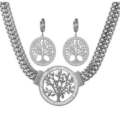 Tree of Life Pendant Necklace & Zircon Earrings Set | 316L Stainless Steel, 5mm Chain, 40cm+5cm