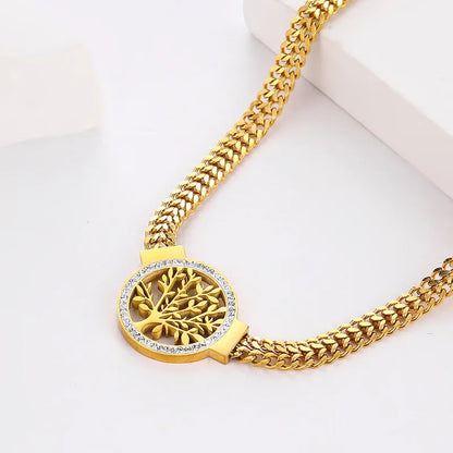 Tree of Life Pendant Necklace & Zircon Earrings Set | 316L Stainless Steel, 5mm Chain, 40cm+5cm