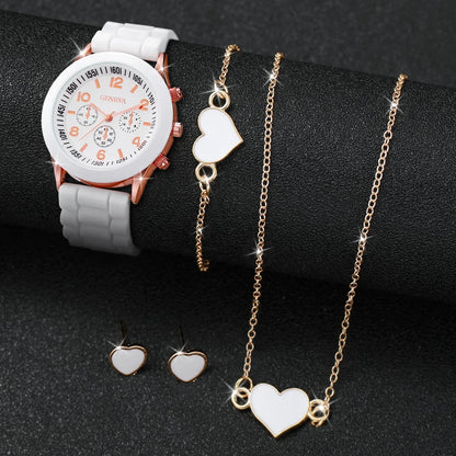 4-Piece Heart Watch & Jewellery Set | 38mm Quartz Watch with Silicone Band, Necklace, Bracelet & Earrings