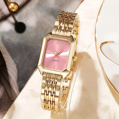 6-Piece Rectangle Watch & Heart Jewellery Set | 27mm Roman Numeral Quartz Watch, Necklace, Bracelet, Ring & Earrings