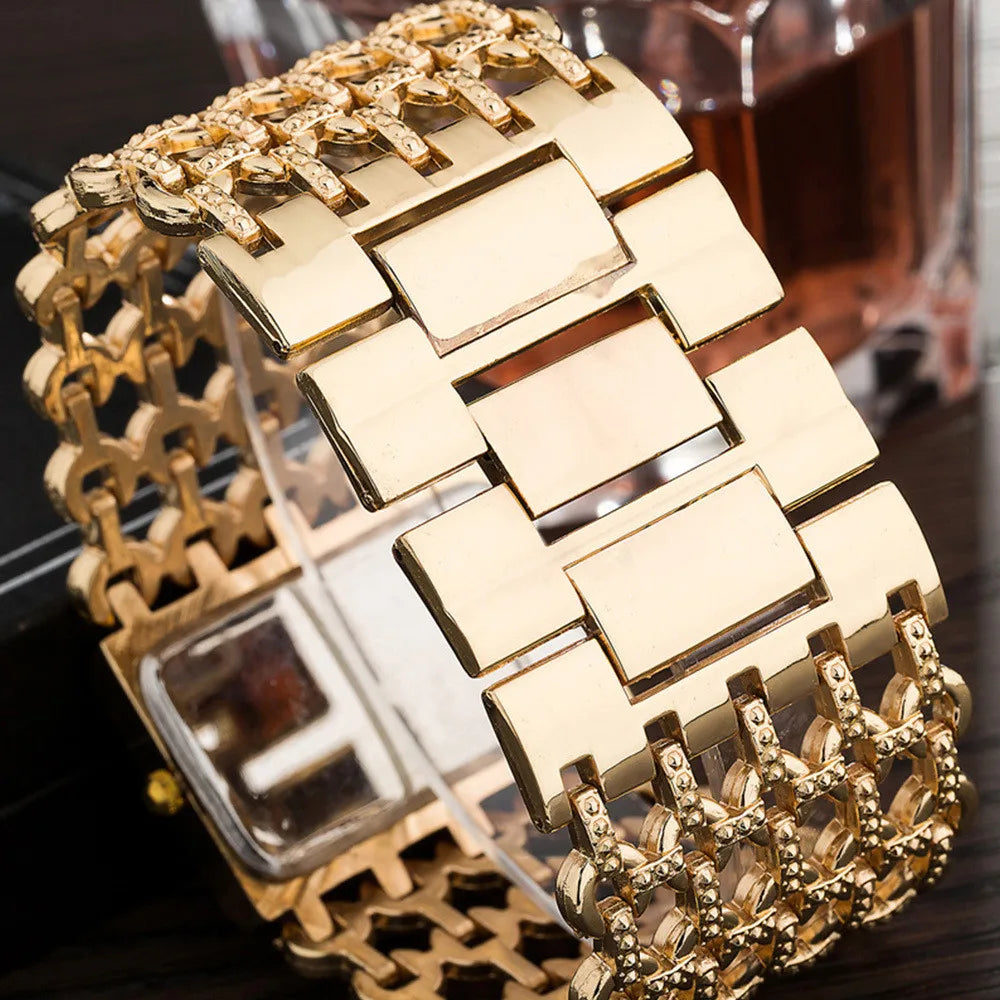 Gold-Tone Skeleton Cuff Watch | 35mm Wide Openwork Bangle with Square Rhinestone Dial