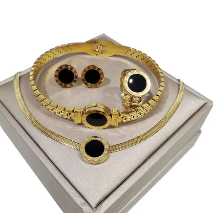 4-Piece Roman Numeral Jewellery Set | 316L Stainless Steel Gold-Tone Necklace, Earrings, Bracelet & Ring