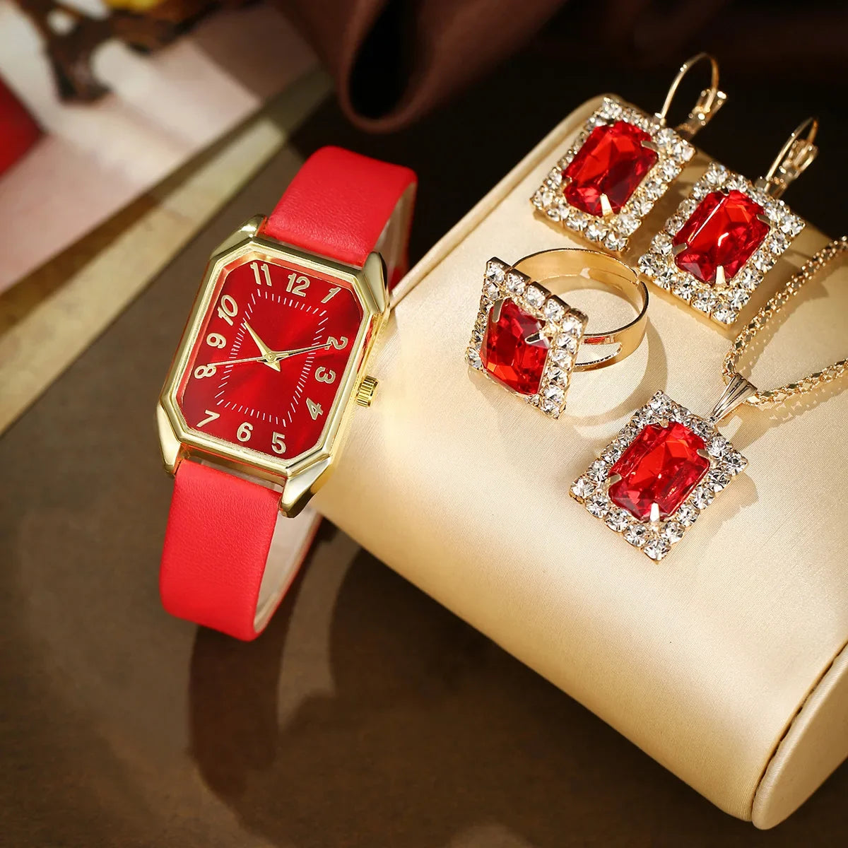 6-Piece Square Watch & Jewellery Set | 29mm Quartz Watch with Leather Strap, Necklace, Bracelet, Ring & Earrings