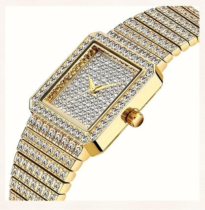 Gold Square Rhinestone Bracelet Watch for Women | Rhinestone Encrusted Quartz Timepiece