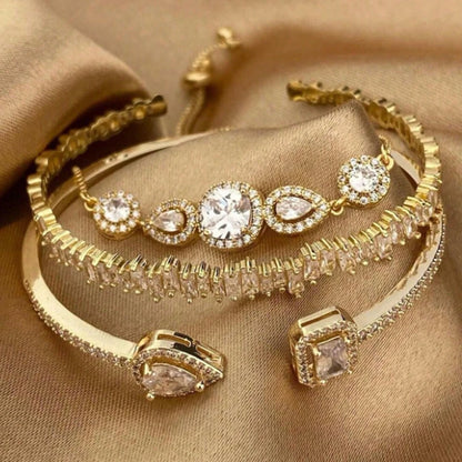 3-Piece Geometric Gold Cuff Bangle Set | AAA+ Cubic Zirconia Prong Setting, Adjustable, Unisex