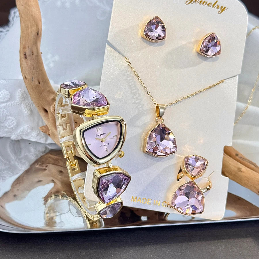 4-Piece Colourful Crystal Watch & Jewellery Set | Irregular Shape Quartz Watch, Necklace, Ring & Earrings