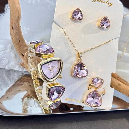4-Piece Colourful Crystal Watch & Jewellery Set | Irregular Shape Quartz Watch, Necklace, Ring & Earrings