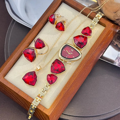 4-Piece Colourful Crystal Watch & Jewellery Set | Irregular Shape Quartz Watch, Necklace, Ring & Earrings