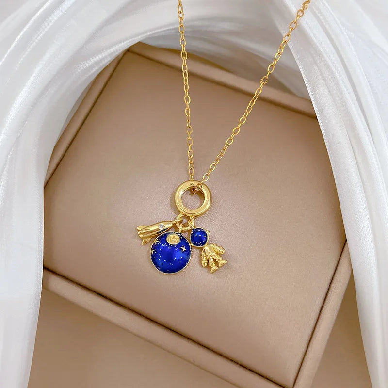 Star, Moon & Astronaut Pendant Necklace | Waterproof Titanium Steel with Zircon