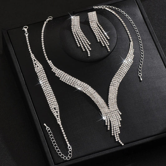 4pcs Luxury Rhinestone Tassel Jewellery Set for Women | Waterdrop Necklace, Earrings & Bracelet