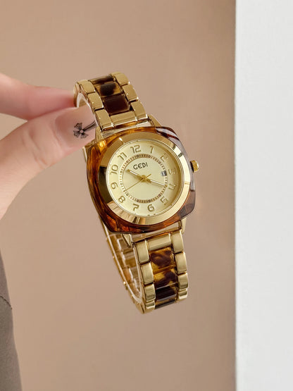 Square Amber Dial Watch | Stainless Steel Bracelet with Date Calendar & Arabic Numerals