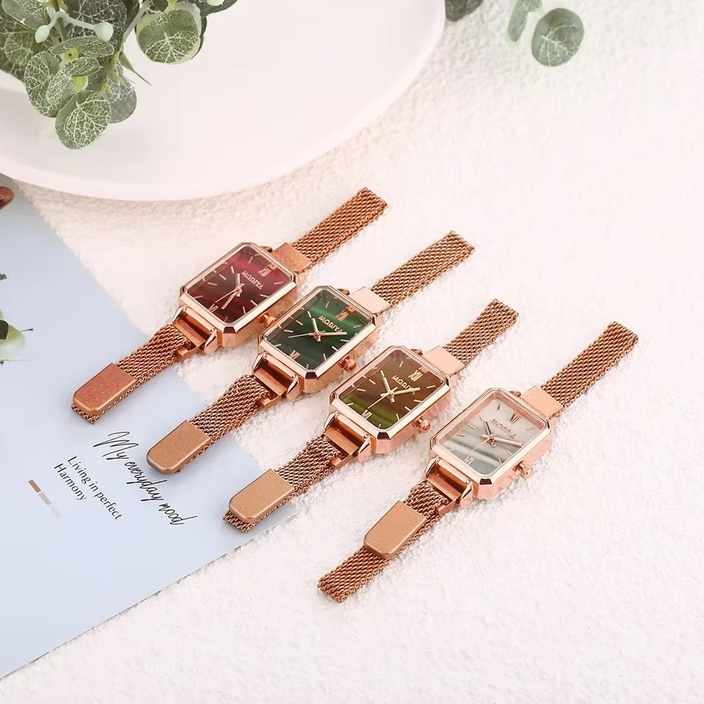 Green Dial Square Watch | Rose Gold Mesh Strap, 24mm, Roman Numerals, Quartz