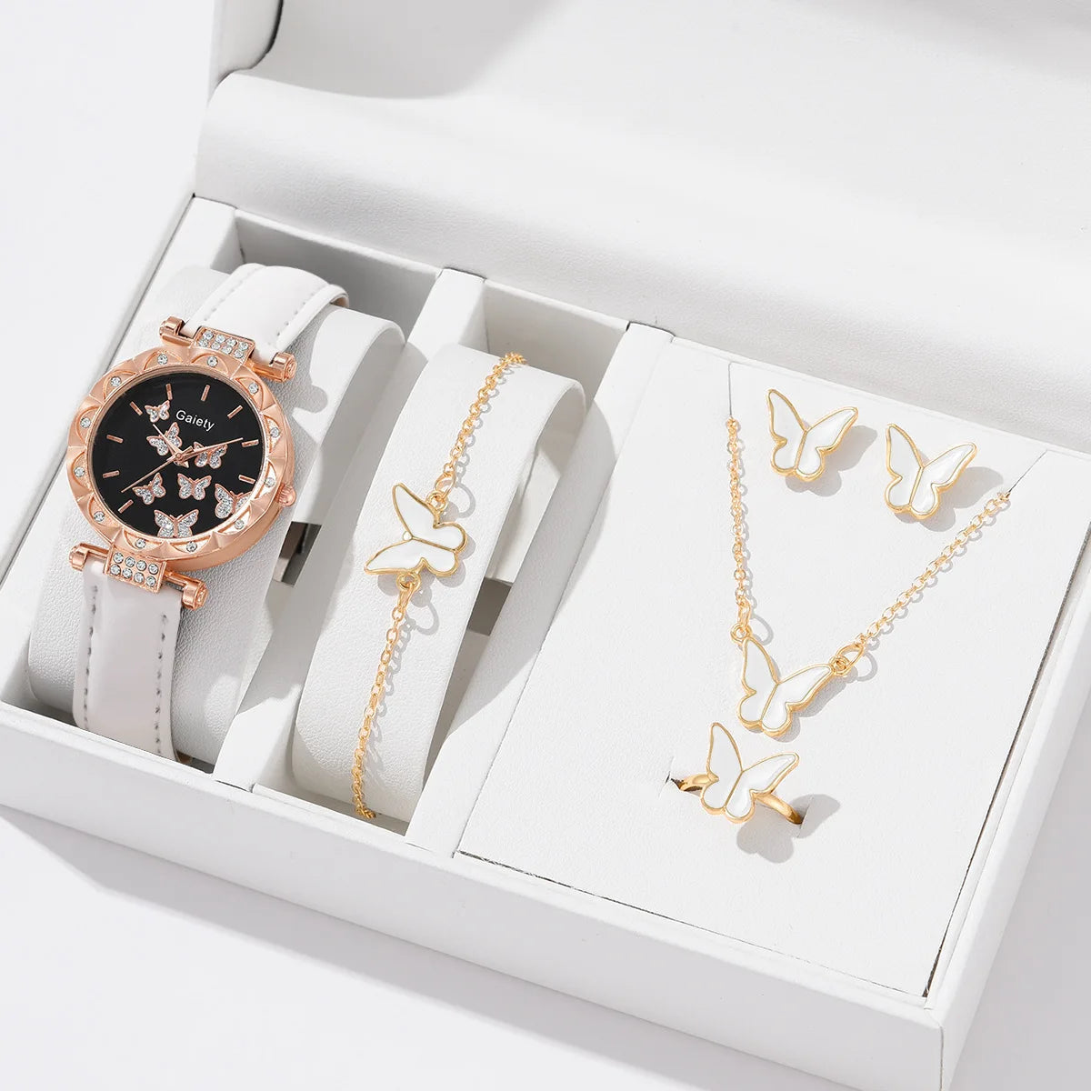 6-Piece Butterfly Watch & Jewellery Set | 33mm Numberless Dial, PU Leather Strap, Necklace, Bracelet, Ring & Earrings