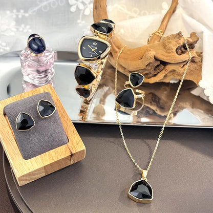 4-Piece Colourful Crystal Watch & Jewellery Set | Irregular Shape Quartz Watch, Necklace, Ring & Earrings