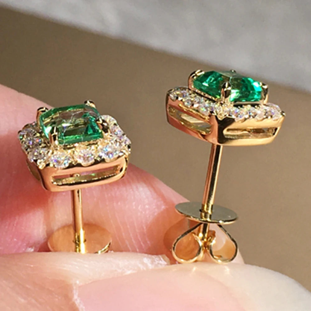 Green Cubic Zirconia Halo Stud Earrings | Gold-Tone Brass, Push-Back, 2.8g