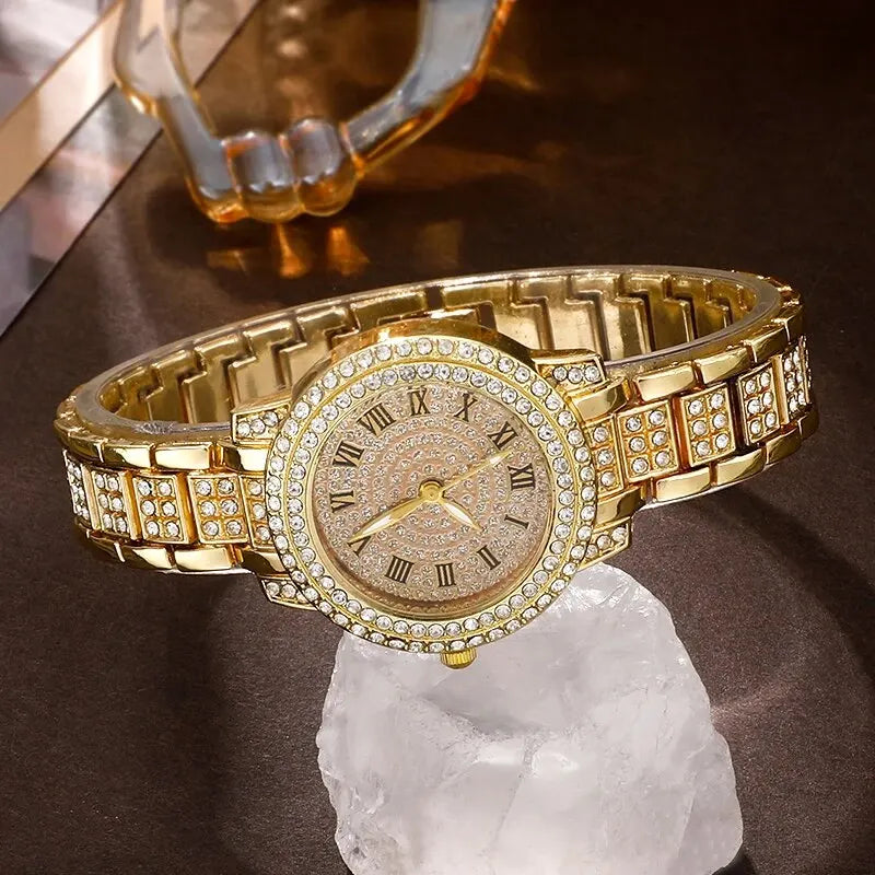Golden Prestige 6-Piece Luxury Collection | Roman Numeral Watch & Rhinestone Jewelry Ensemble