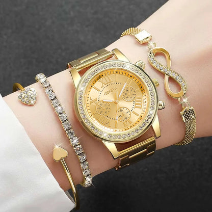 4-Piece Rhinestone Watch & Stackable Bracelet Set | 36-38mm Quartz Watch with 3 Bracelets