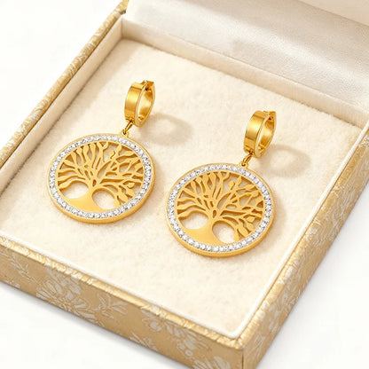 Tree of Life Pendant Necklace & Zircon Earrings Set | 316L Stainless Steel, 5mm Chain, 40cm+5cm