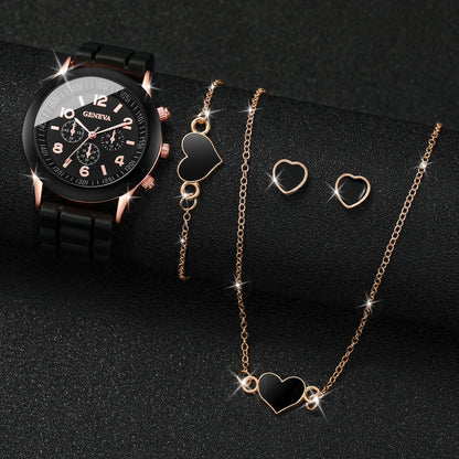 4-Piece Heart Watch & Jewellery Set | 38mm Quartz Watch with Silicone Band, Necklace, Bracelet & Earrings