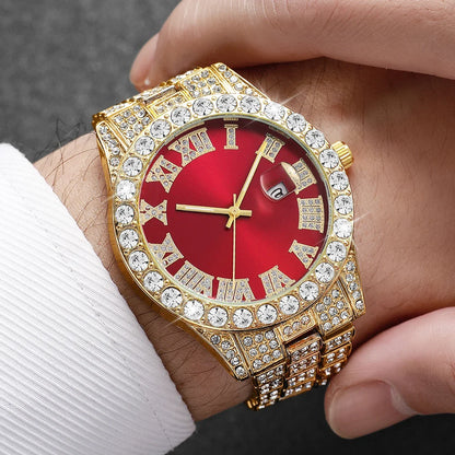 Rhinestone Calendar Watch | 42mm Roman Numeral Dial, Stainless Steel, 20mm Alloy Band