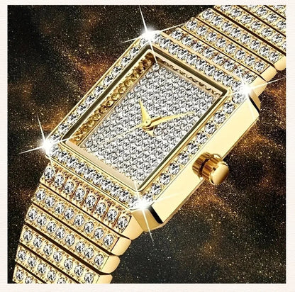 Gold Square Rhinestone Bracelet Watch for Women | Rhinestone Encrusted Quartz Timepiece