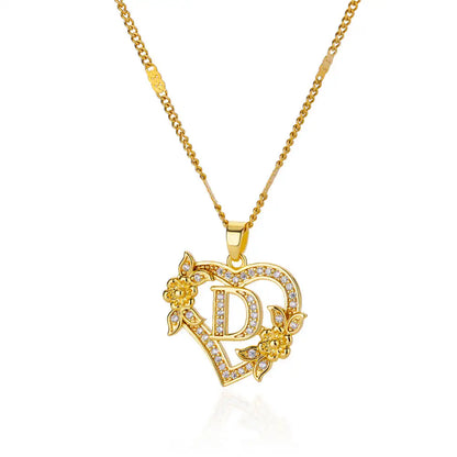 Initial Letter Heart Pendant Necklace | Zircon Flower & Personalised Letter, 316L Stainless Steel