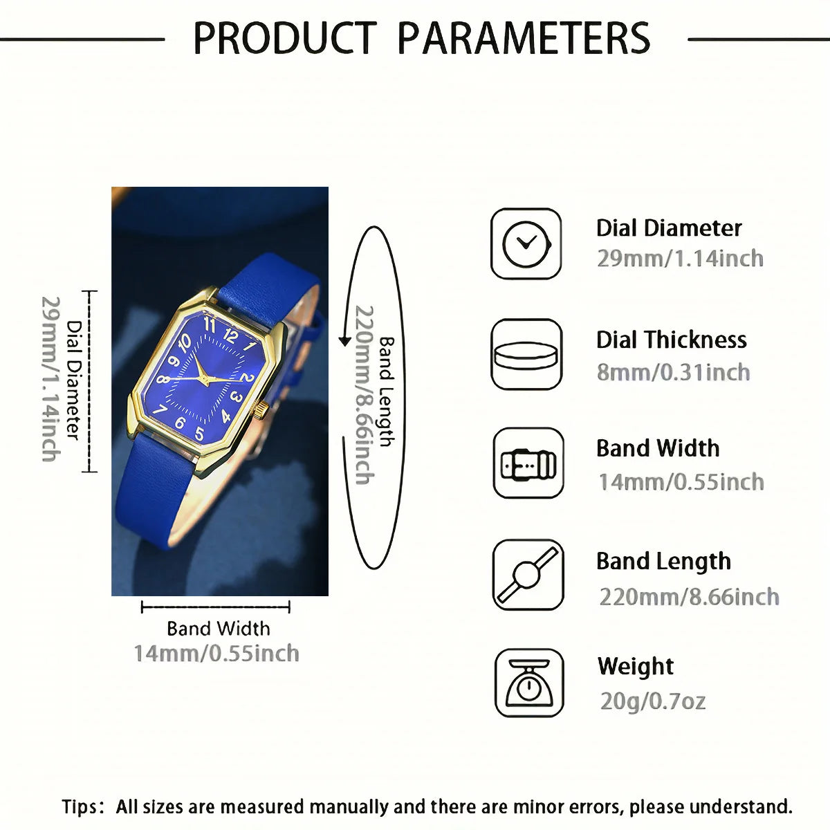 6-Piece Square Watch & Jewellery Set | 29mm Quartz Watch with Leather Strap, Necklace, Bracelet, Ring & Earrings