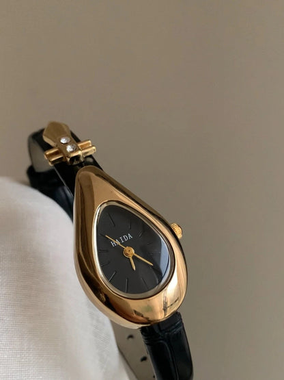 Irregular Minimalist Watch | Gold-Tone 24mm Numberless Dial with Slim Leather Strap & Japanese Quartz
