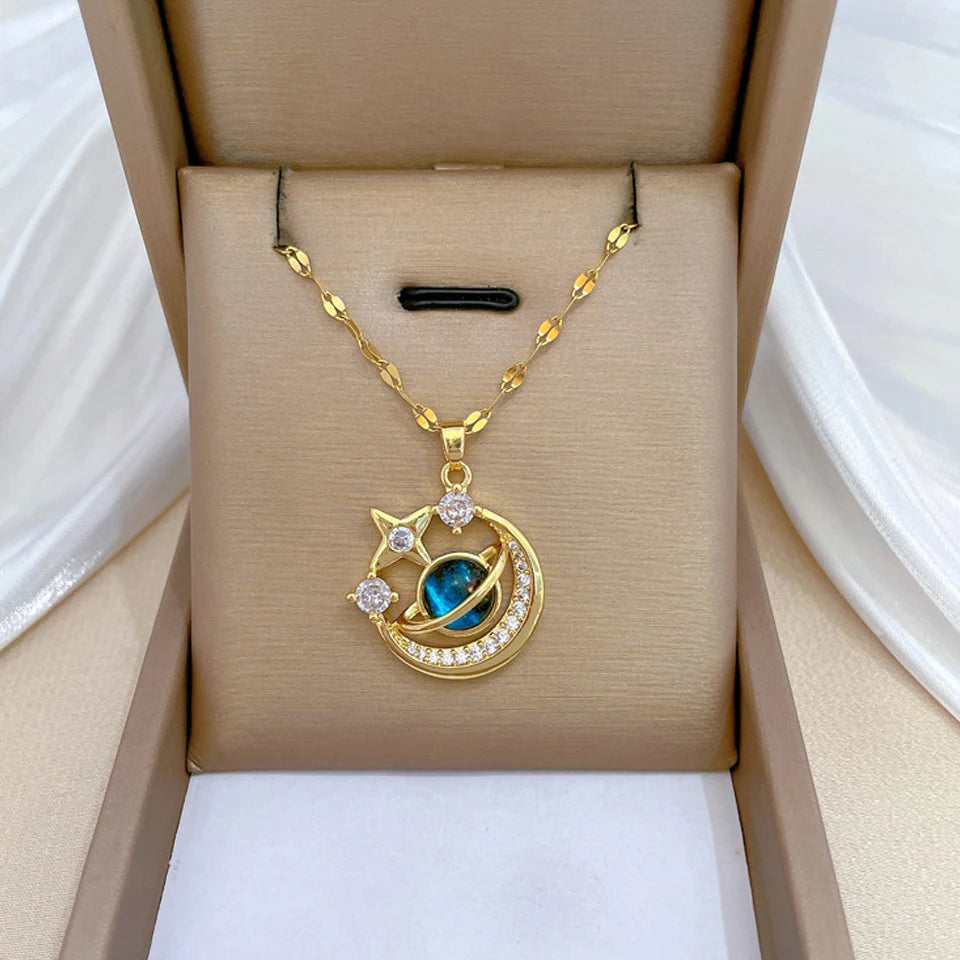 Star, Moon & Astronaut Pendant Necklace | Waterproof Titanium Steel with Zircon
