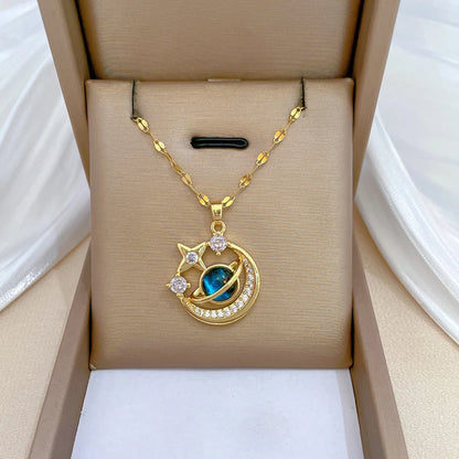 Star, Moon & Astronaut Pendant Necklace | Waterproof Titanium Steel with Zircon