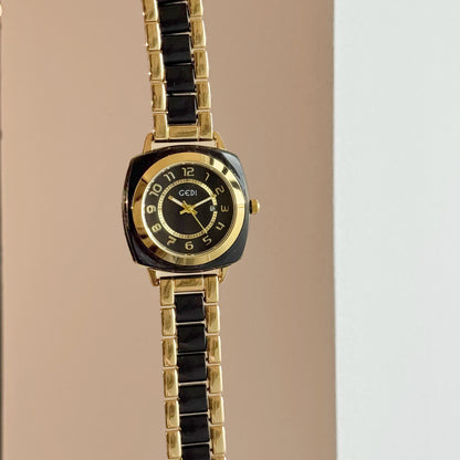 Square Amber Dial Watch | Stainless Steel Bracelet with Date Calendar & Arabic Numerals