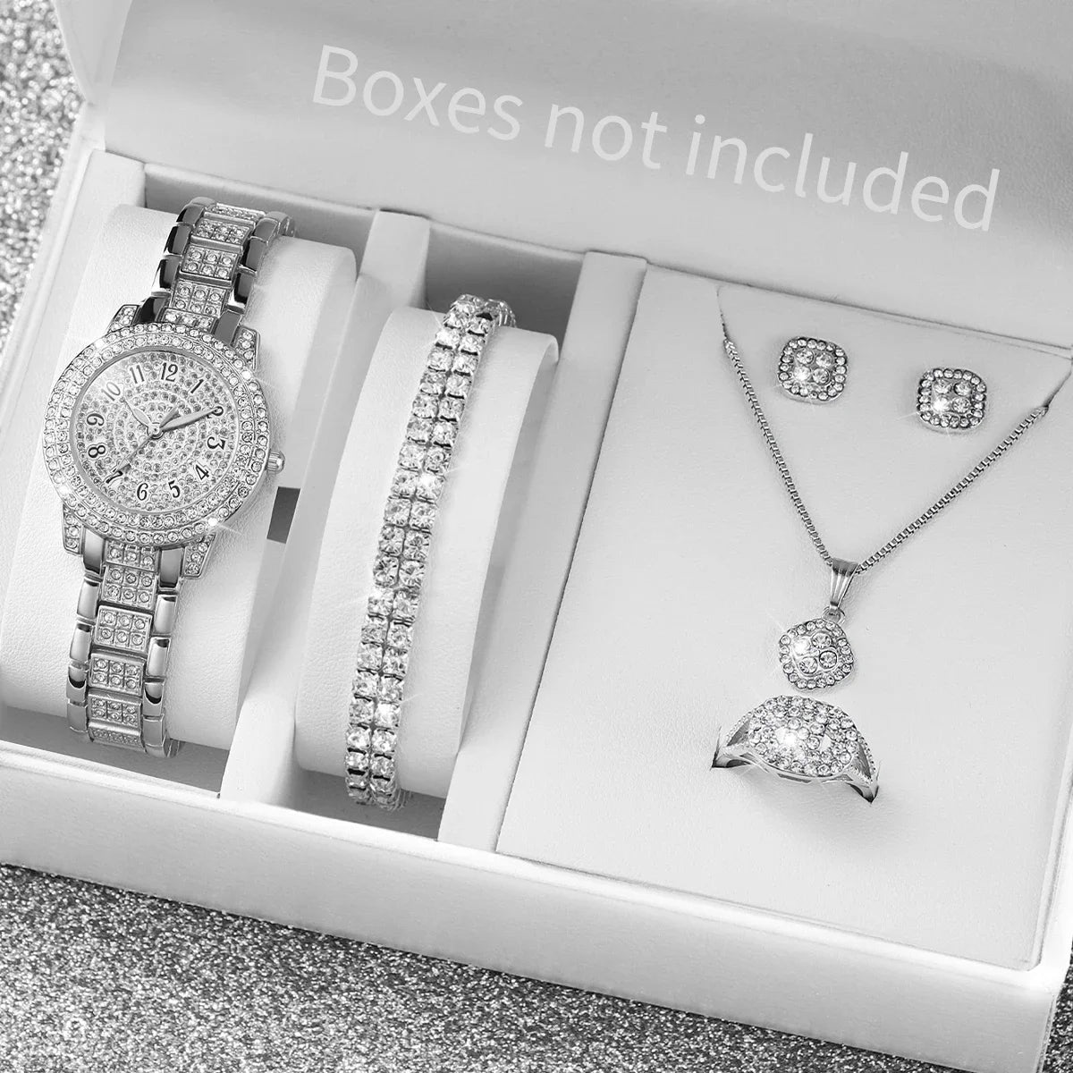 6-Piece Rhinestone Watch & Jewellery Set | 32mm Quartz Watch, Necklace, Bracelet, Ring & Earrings