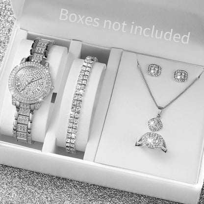6-Piece Rhinestone Watch & Jewellery Set | 32mm Quartz Watch, Necklace, Bracelet, Ring & Earrings