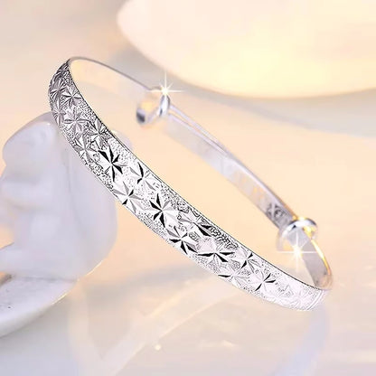 Star Pattern 925 Sterling Silver Resizable Bangle | Tarnish-Resistant Star Cuff for Women