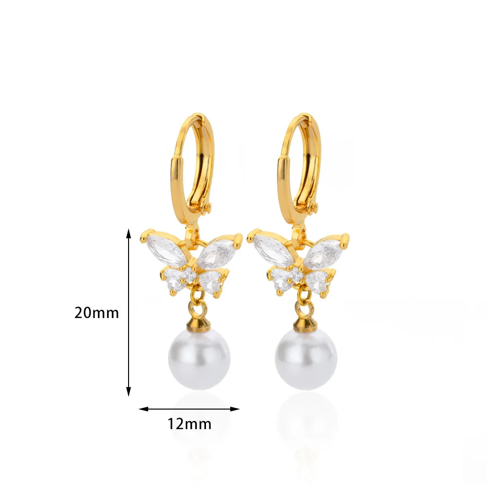 Butterfly Pearl & Zircon Droplets | Waterproof 316L Stainless Steel Gold Plated Earrings
