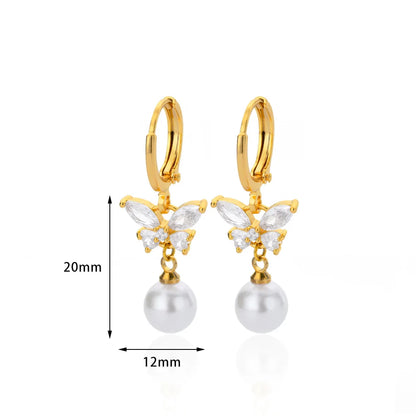 Butterfly Pearl & Zircon Drop Earrings | Waterproof 316L Stainless Steel Gold-Plated