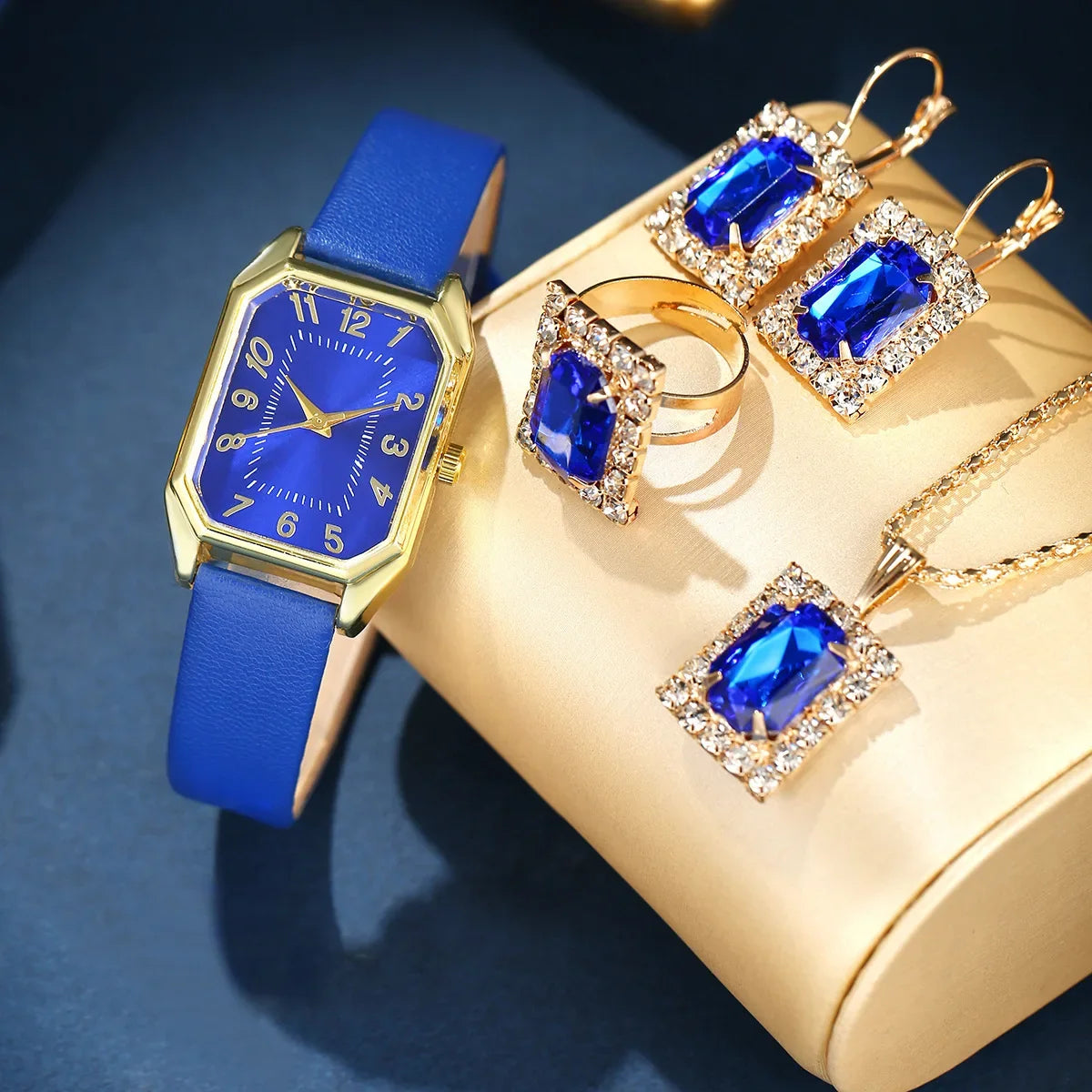 6-Piece Square Watch & Jewellery Set | 29mm Quartz Watch with Leather Strap, Necklace, Bracelet, Ring & Earrings