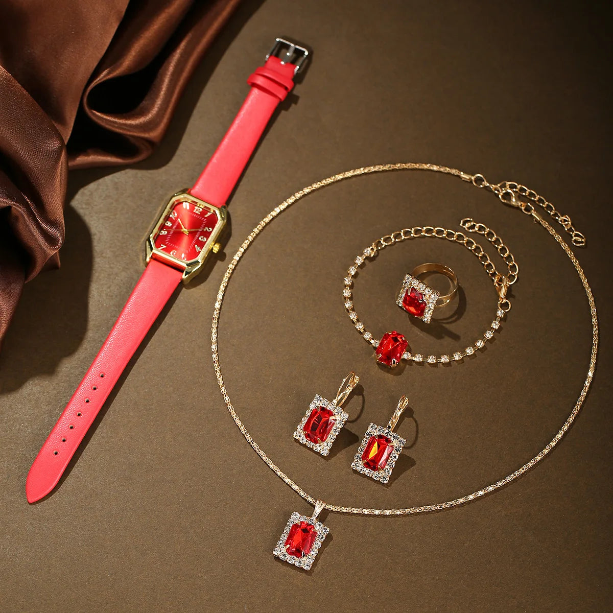 6-Piece Square Watch & Jewellery Set | 29mm Quartz Watch with Leather Strap, Necklace, Bracelet, Ring & Earrings