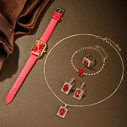 6-Piece Square Watch & Jewellery Set | 29mm Quartz Watch with Leather Strap, Necklace, Bracelet, Ring & Earrings
