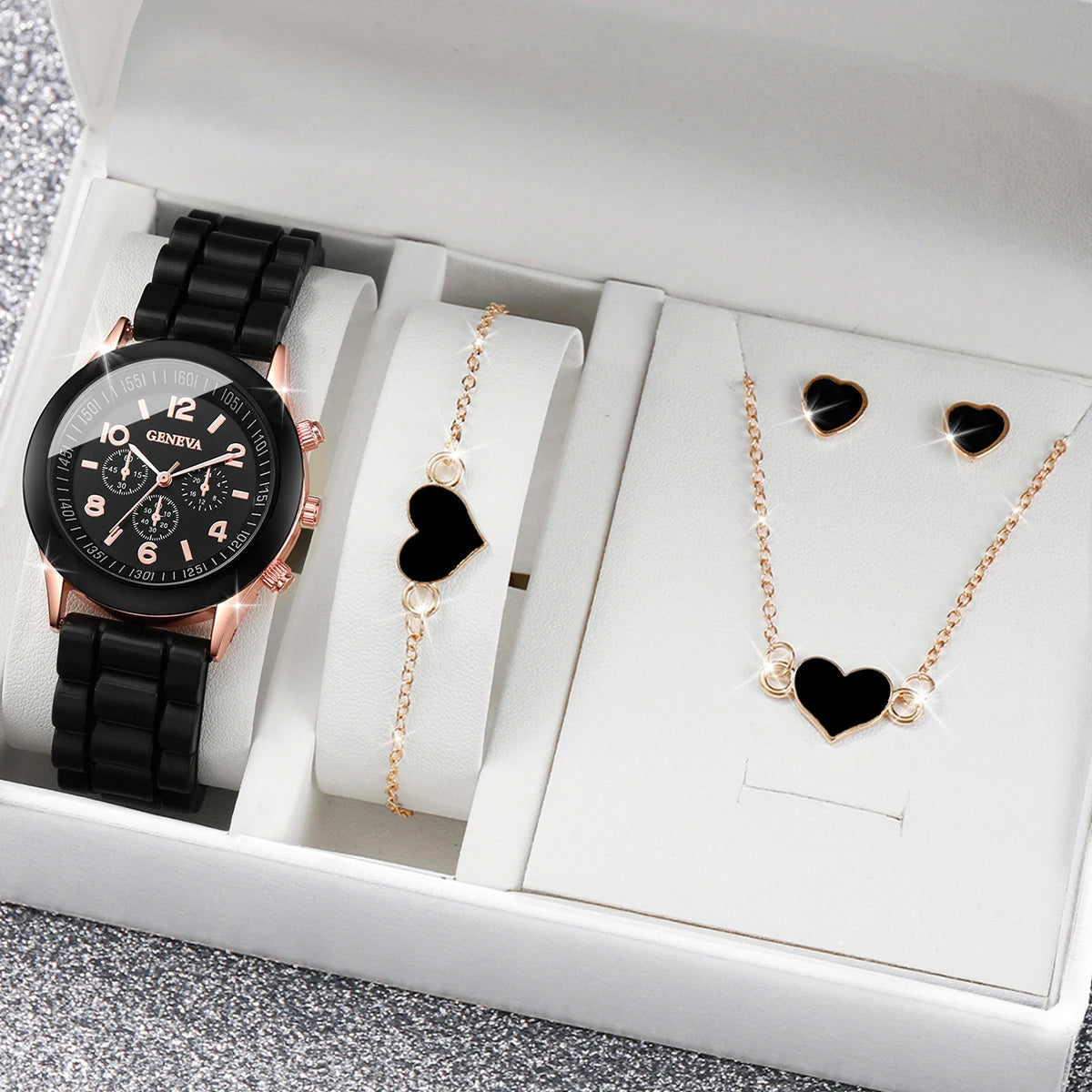 4-Piece Heart Watch & Jewellery Set | 38mm Quartz Watch with Silicone Band, Necklace, Bracelet & Earrings
