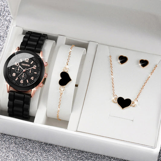 Heart Elegance 4-Piece Accessory Set | Sporty Silicone Watch & Romantic Jewelry Collection