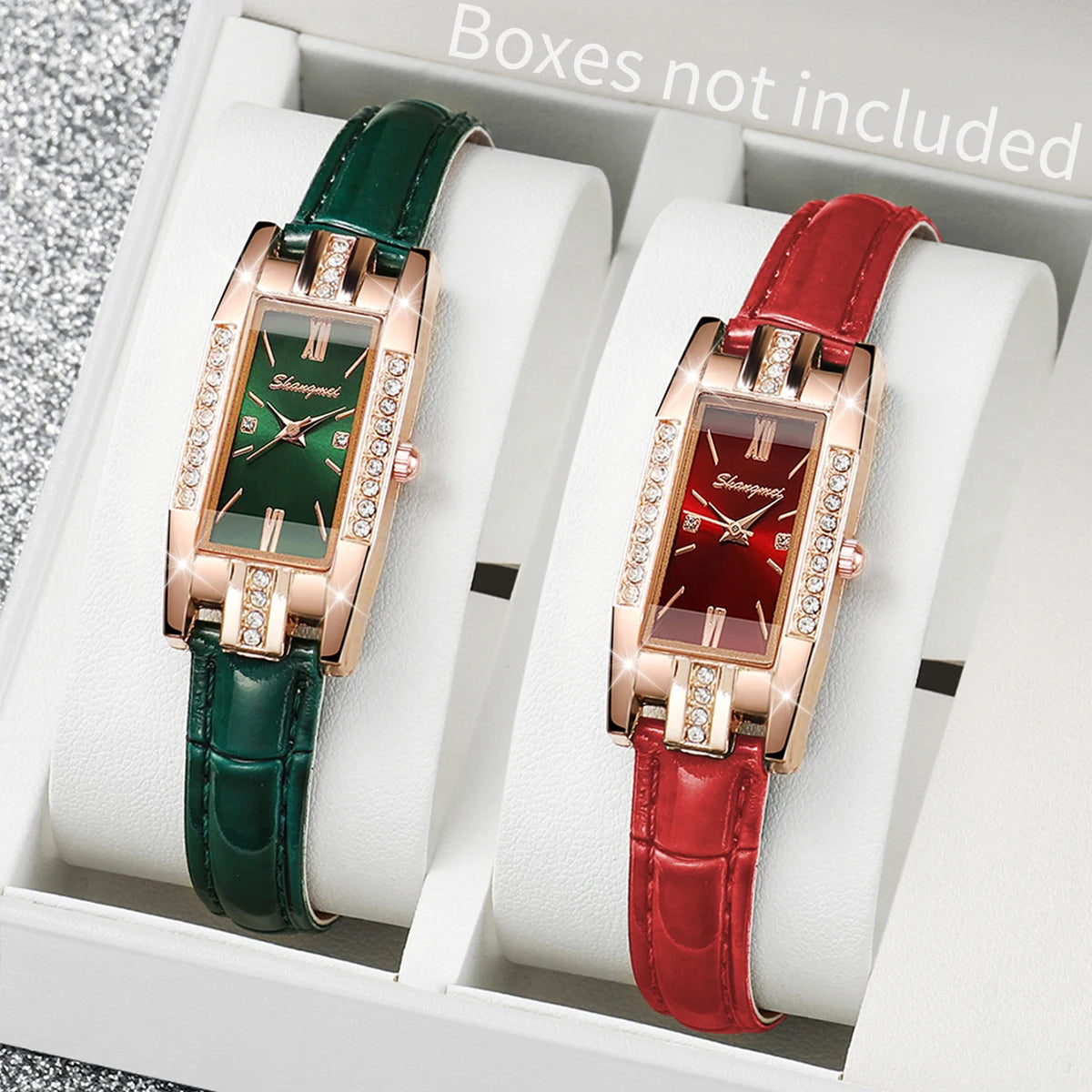 2-Piece Rectangle Watch Set | Women's Minimalist Leather Band Quartz Wristwatches