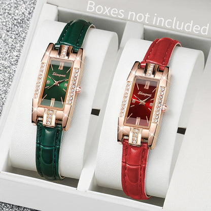 2-Piece Rectangle Watch Set | Women's Minimalist Leather Band Quartz Wristwatches
