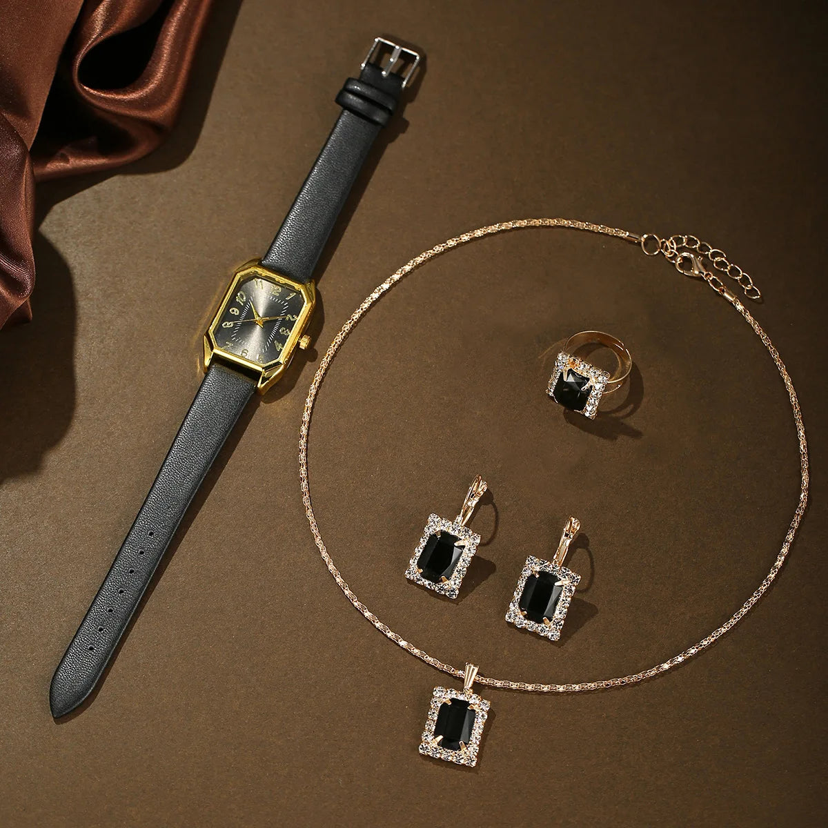 6-Piece Square Watch & Jewellery Set | 29mm Quartz Watch with Leather Strap, Necklace, Bracelet, Ring & Earrings